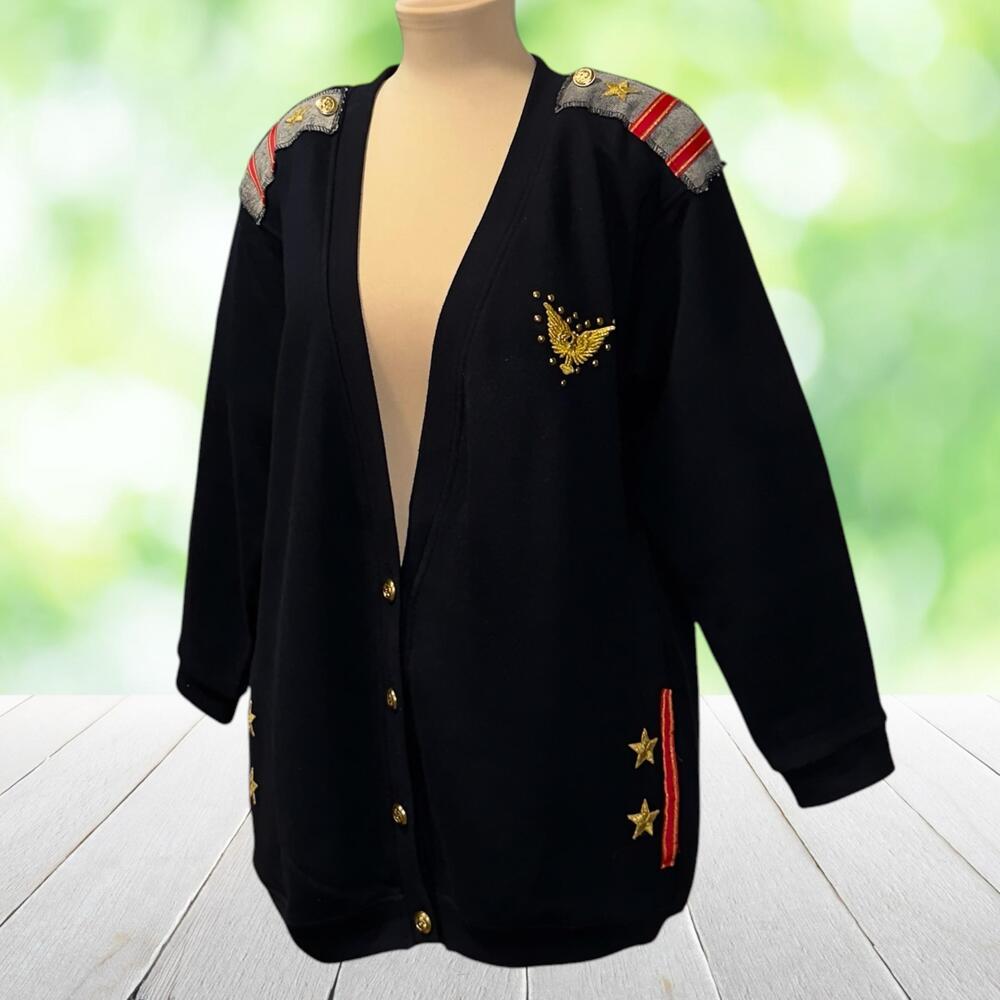 Vintage GEPETTO Embellished Jacket Military Eagle Patriotic Navy Fleece One Size
